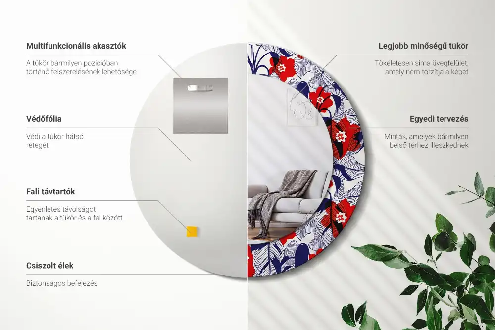Miroir rond cadre imprimé plante philodendron