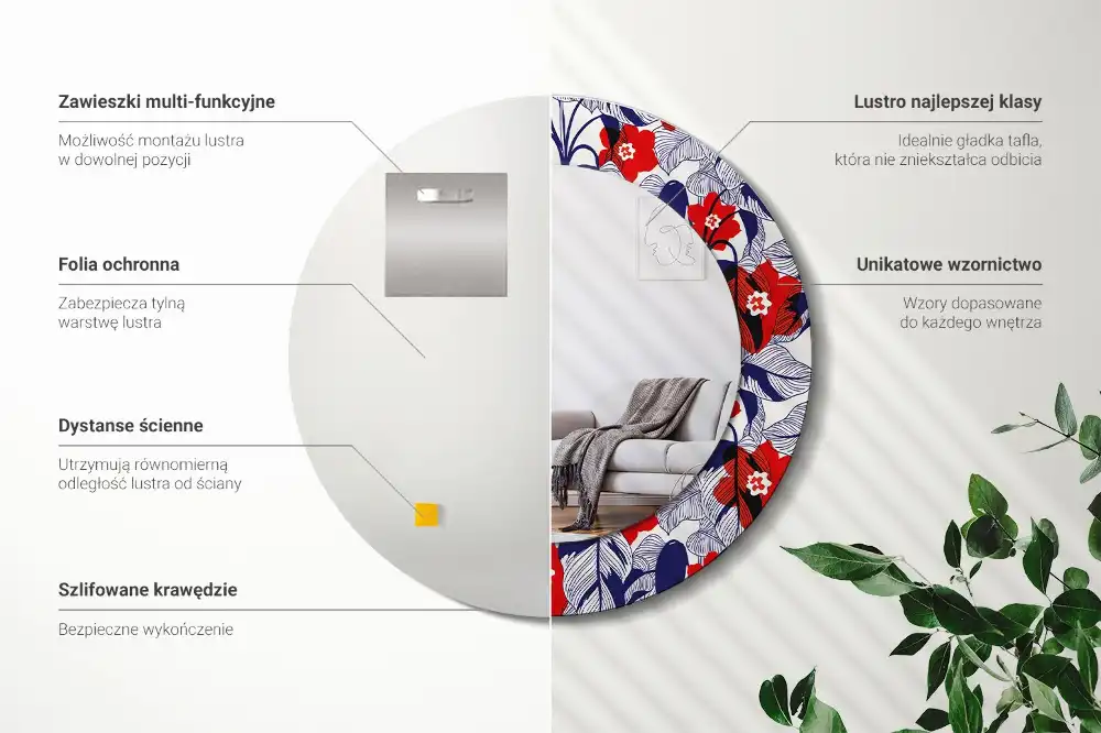 Miroir rond cadre imprimé plante philodendron