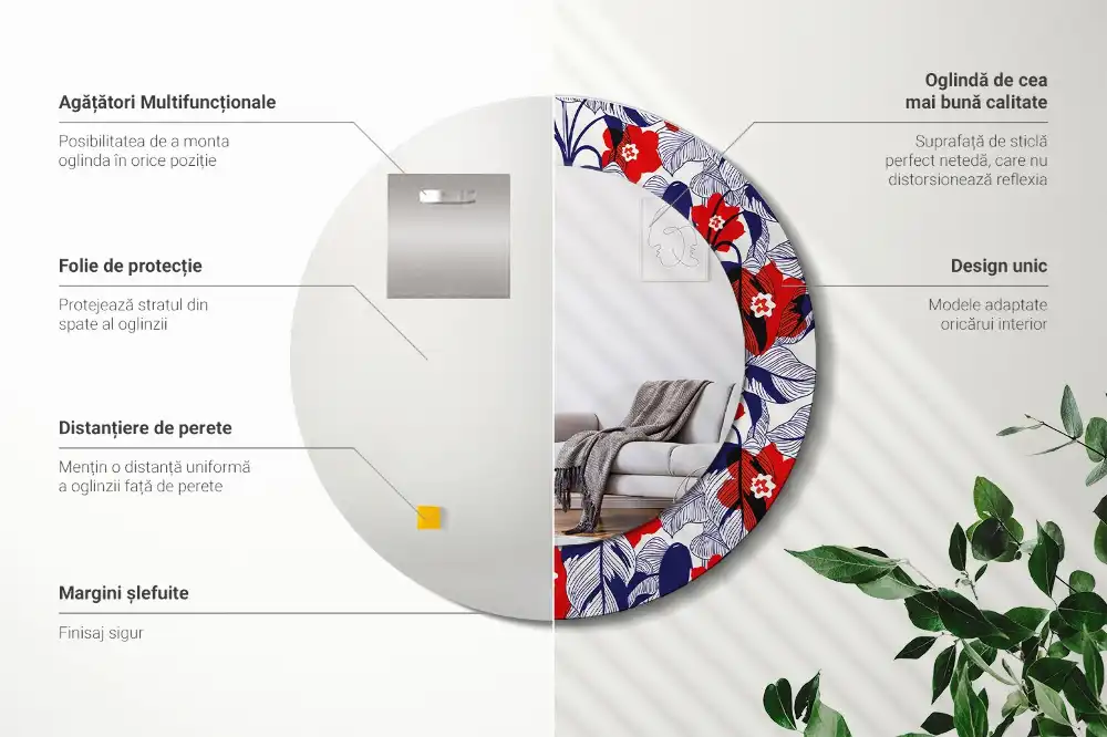 Miroir rond cadre imprimé plante philodendron
