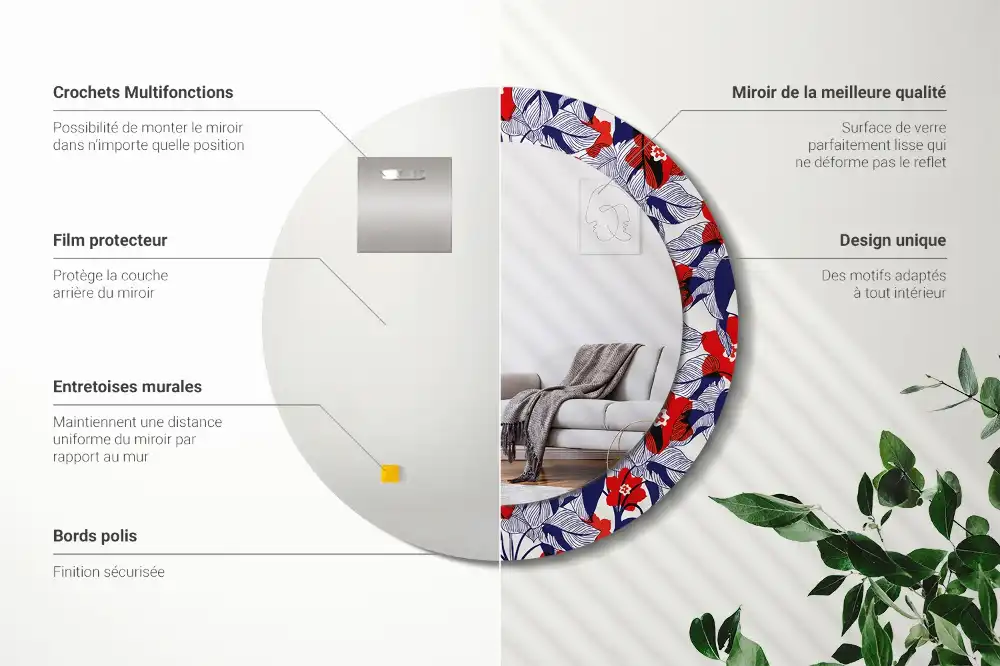 Miroir rond cadre imprimé plante philodendron