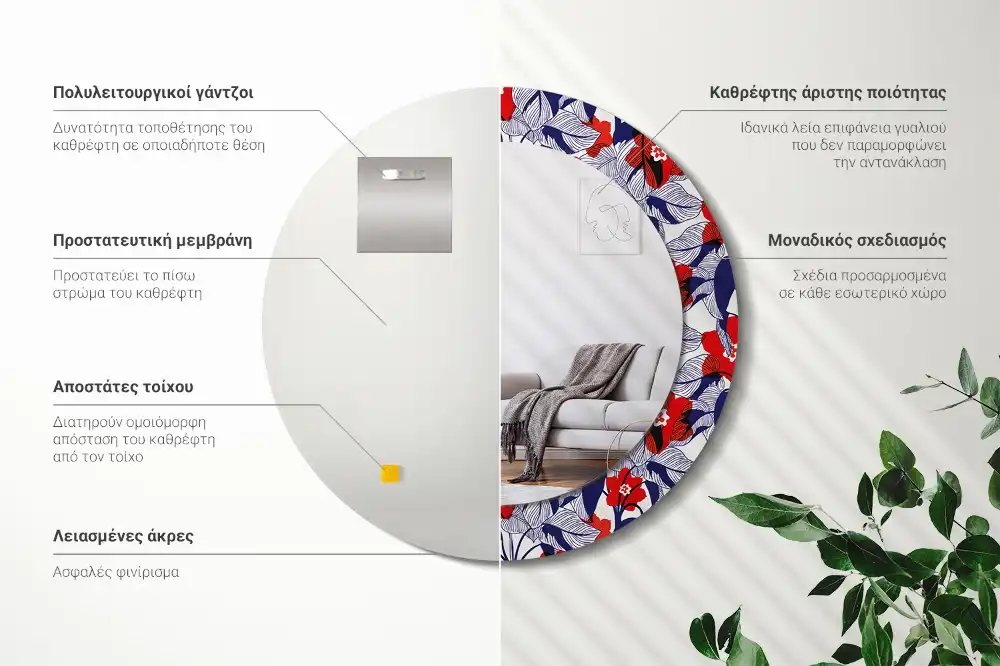 Miroir rond cadre imprimé plante philodendron