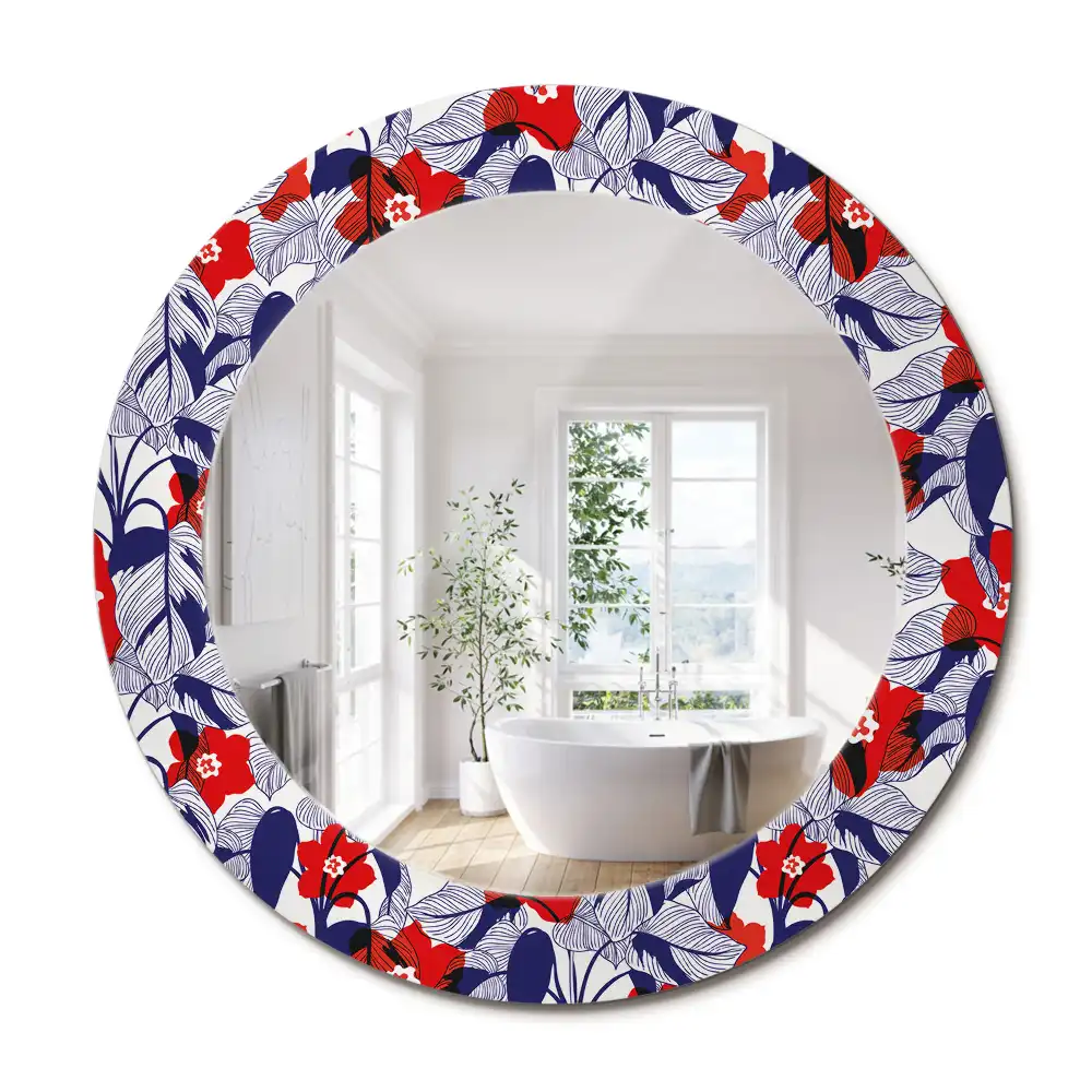 Miroir rond cadre imprimé plante philodendron