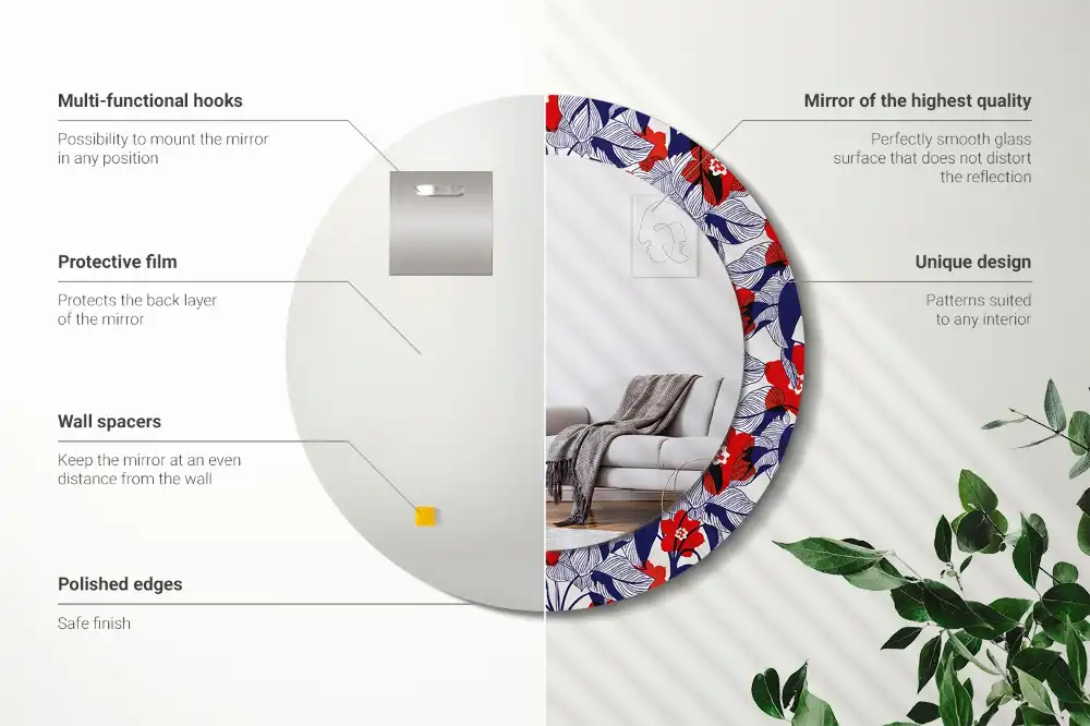 Miroir rond cadre imprimé plante philodendron
