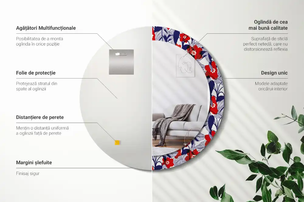 Miroir rond cadre imprimé plante philodendron