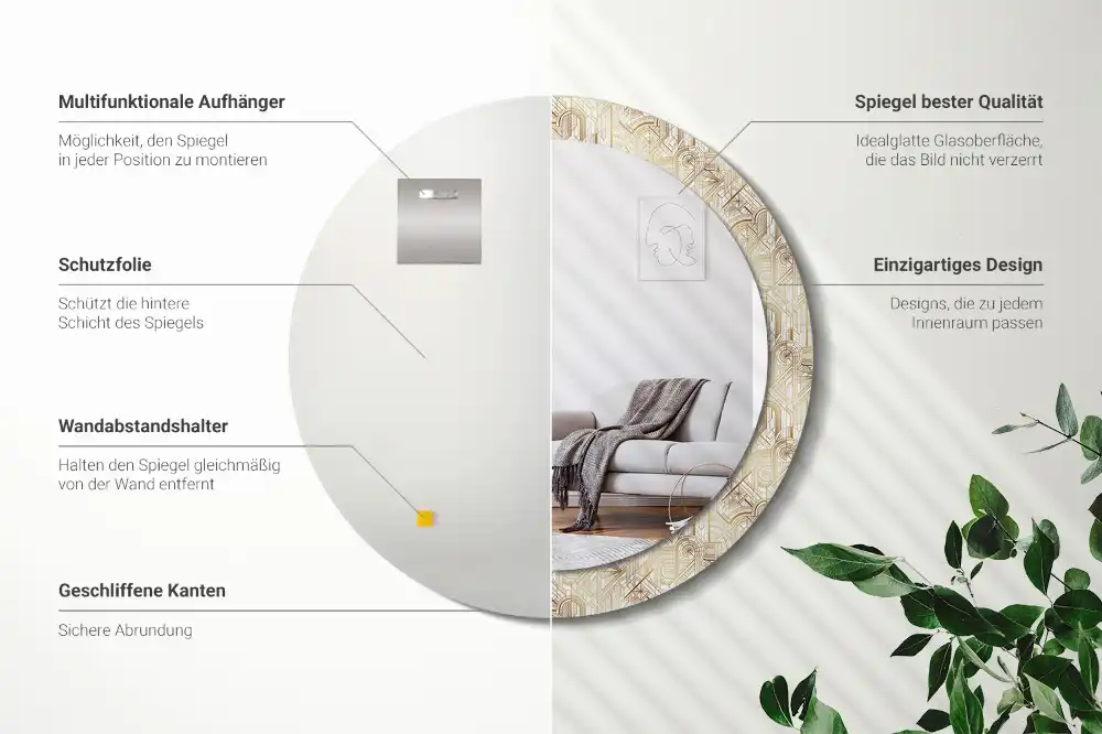 Miroir rond cadre avec impression disposition art déco