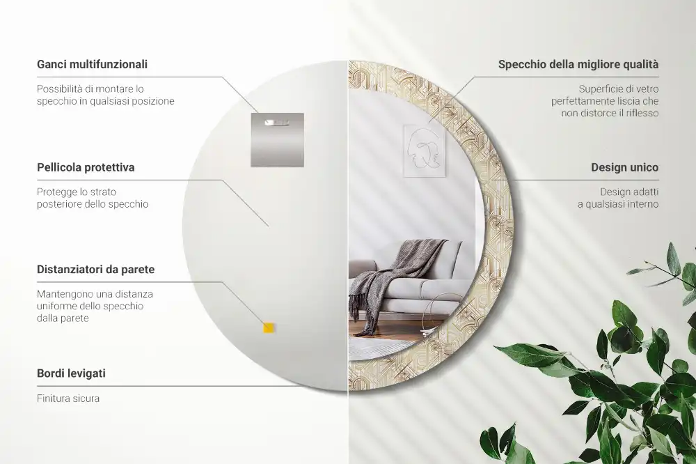 Miroir rond cadre avec impression disposition art déco