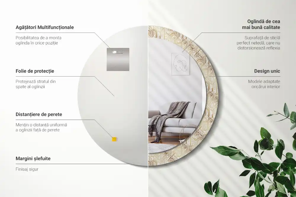 Miroir rond cadre avec impression disposition art déco