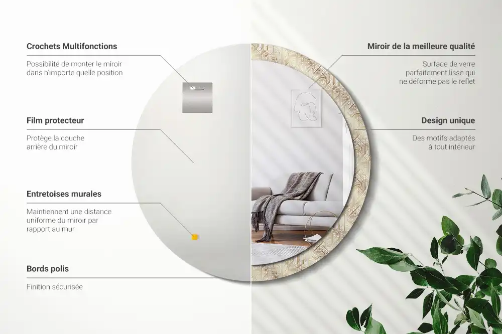Miroir rond cadre avec impression disposition art déco