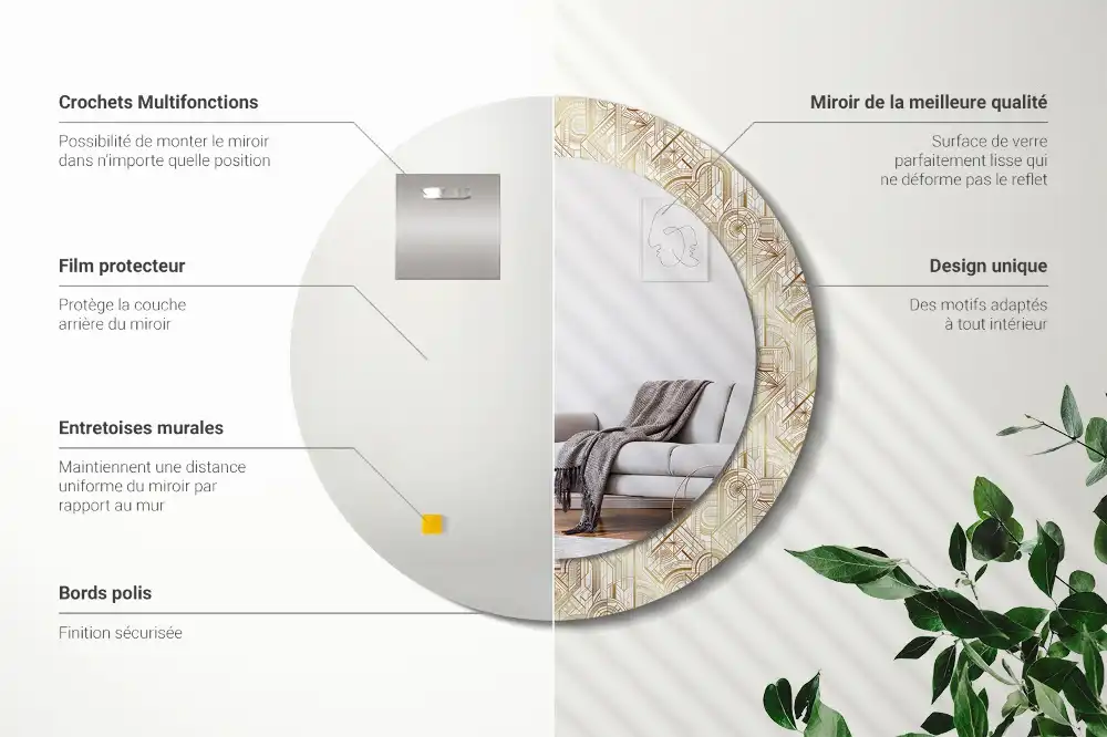 Miroir rond cadre avec impression disposition art déco