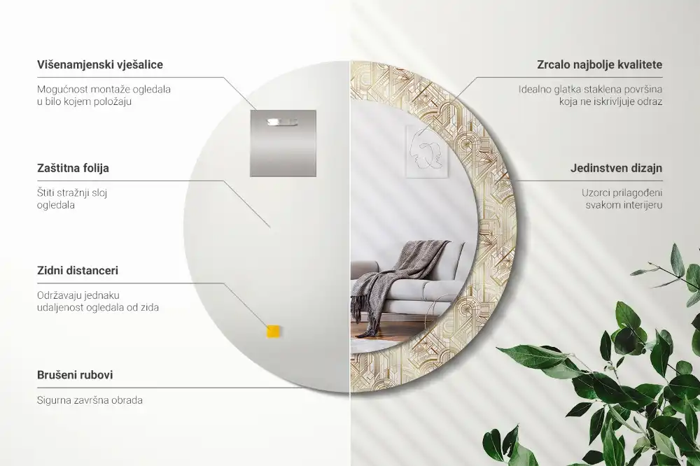 Miroir rond cadre avec impression disposition art déco