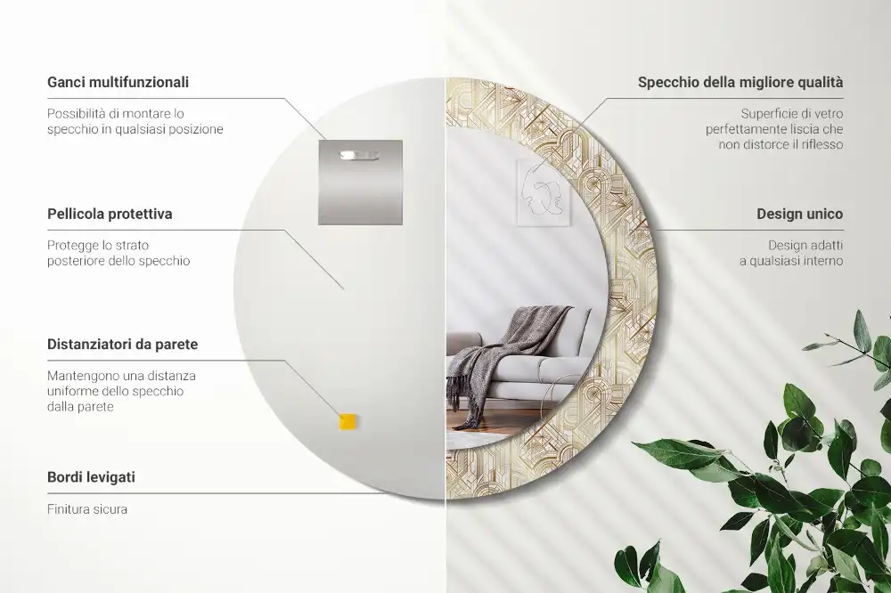 Miroir rond cadre avec impression disposition art déco