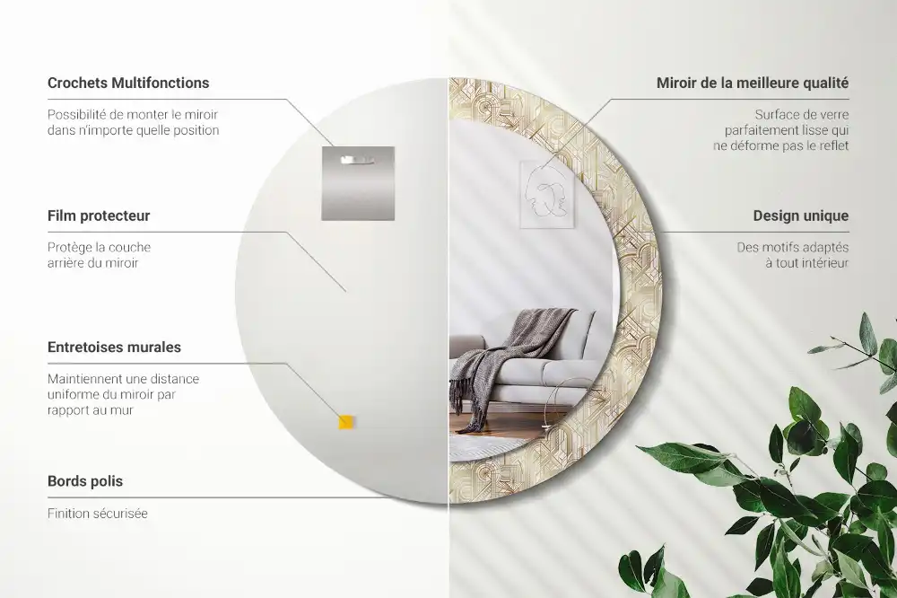 Miroir rond cadre avec impression disposition art déco