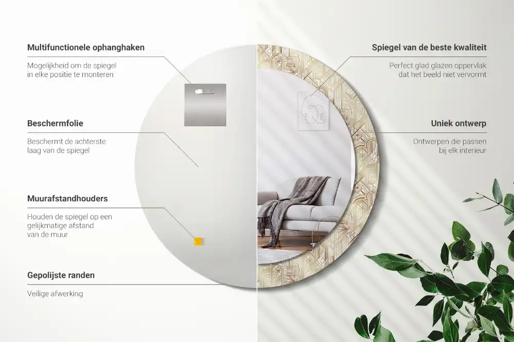 Miroir rond cadre avec impression disposition art déco