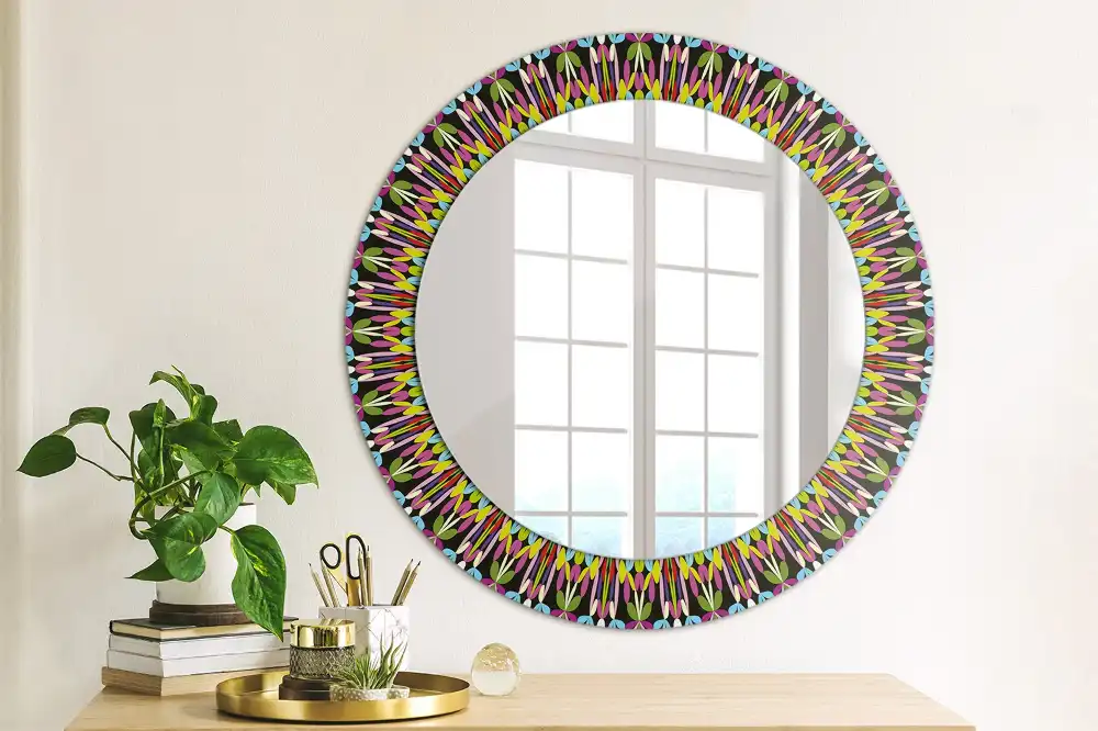 Miroir rond cadre imprimé motif mandala