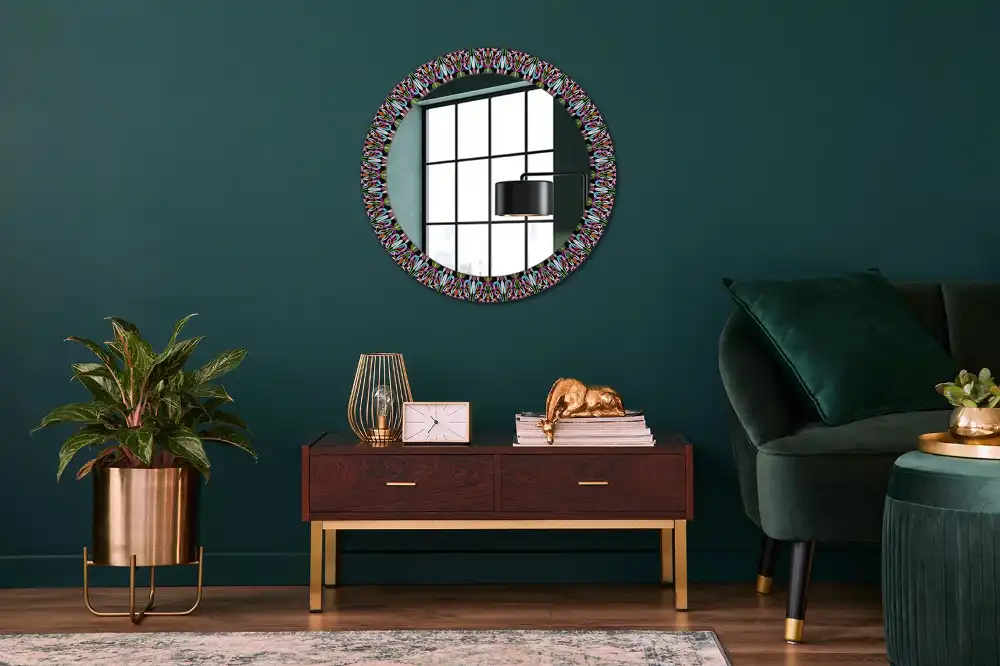 Miroir rond cadre imprimé motif mandala
