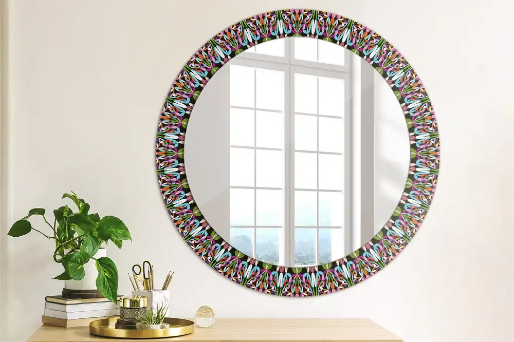 Miroir rond cadre imprimé motif mandala