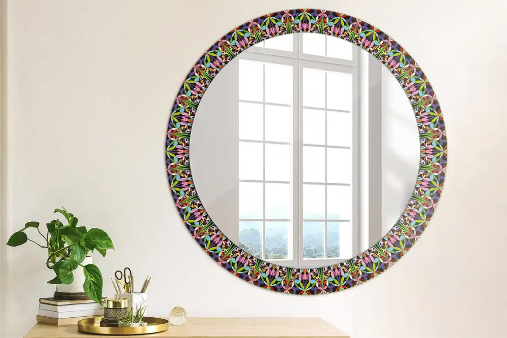 Miroir rond cadre imprimé motif mandala