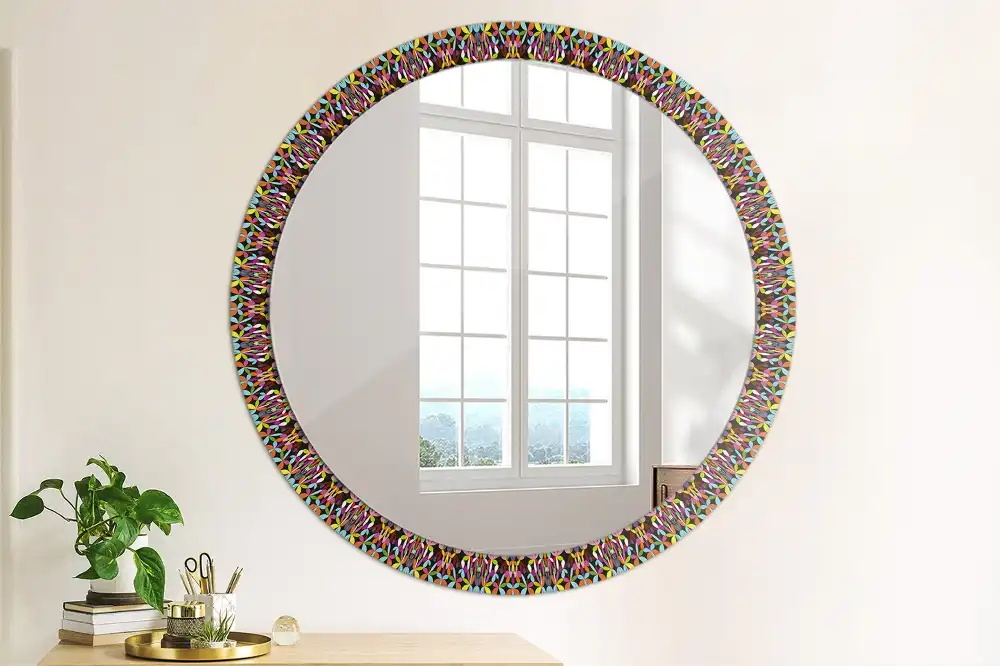 Miroir rond cadre imprimé motif mandala