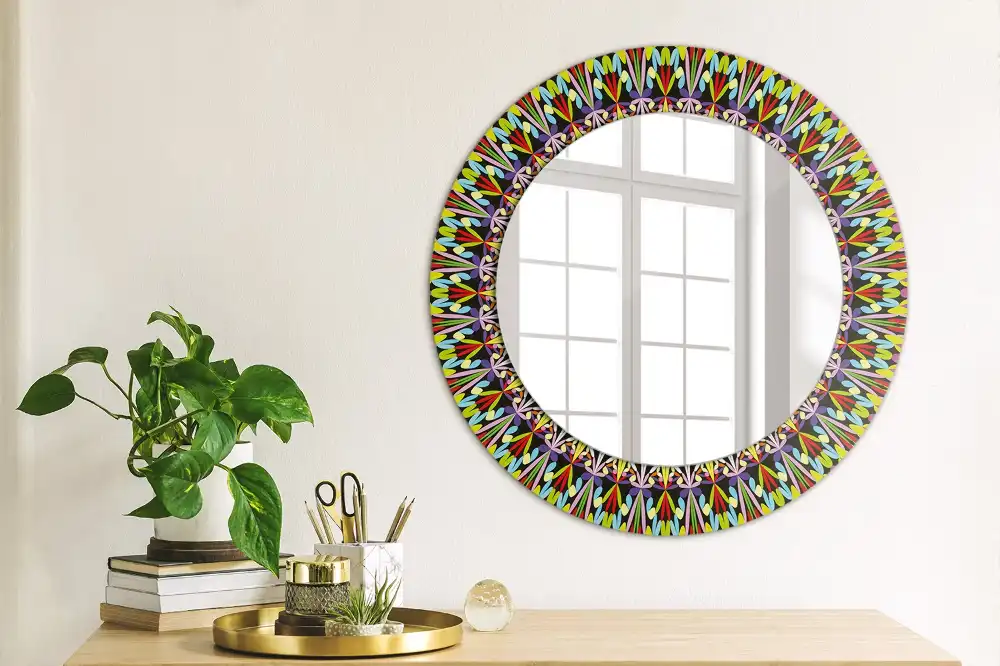 Miroir rond cadre imprimé motif mandala
