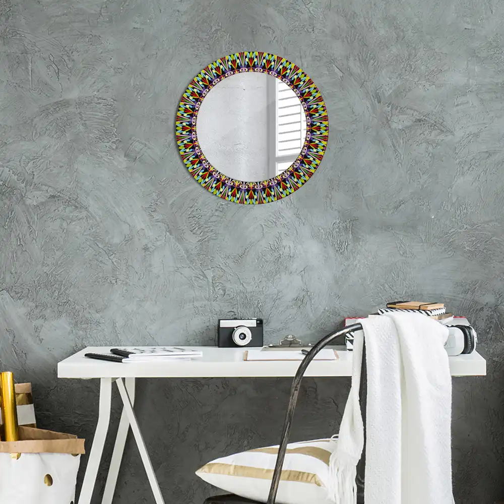 Miroir rond cadre imprimé motif mandala