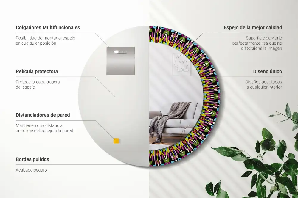 Miroir rond cadre imprimé motif mandala