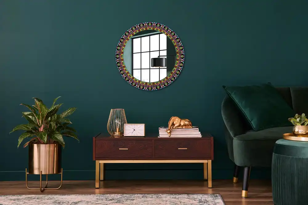 Miroir rond cadre imprimé motif mandala