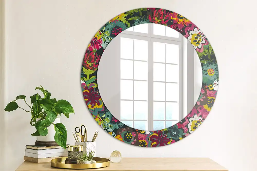 Miroir rond cadre avec impression fleurs peintes