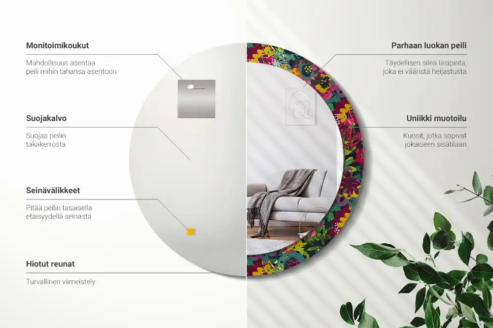 Miroir rond cadre avec impression fleurs peintes