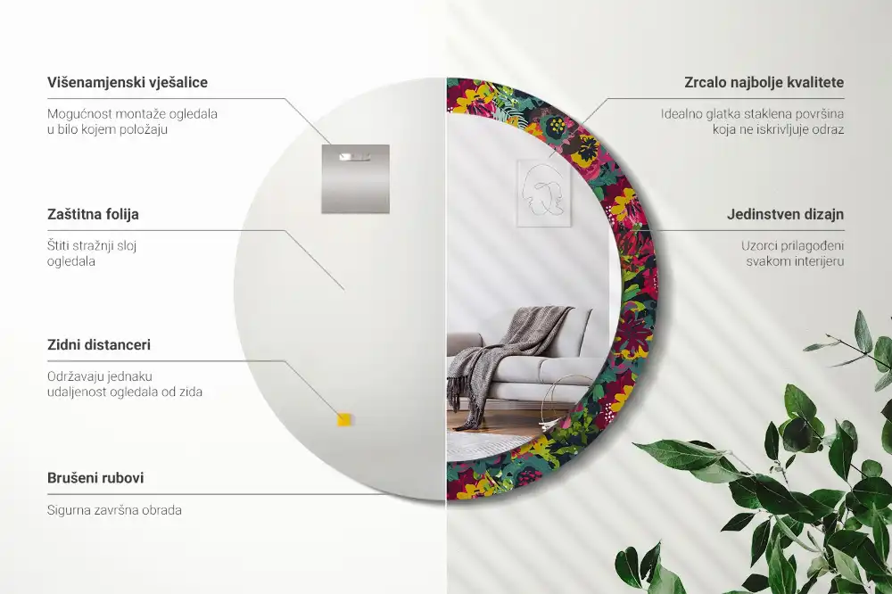 Miroir rond cadre avec impression fleurs peintes