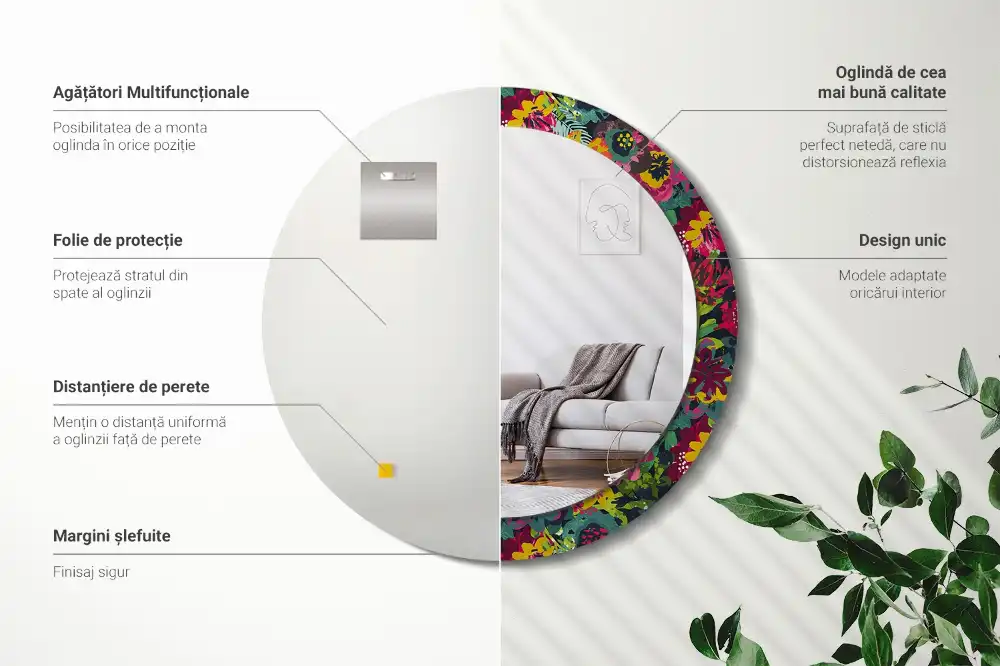 Miroir rond cadre avec impression fleurs peintes