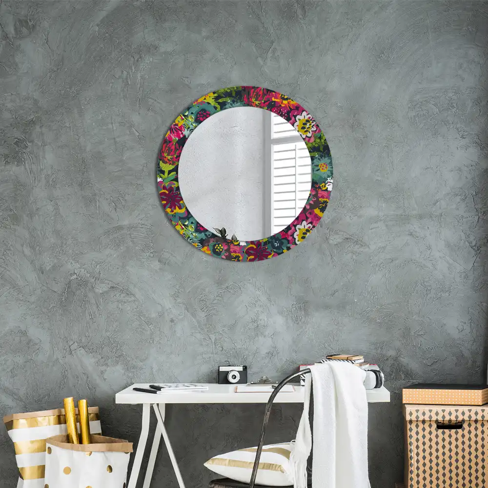 Miroir rond cadre avec impression fleurs peintes