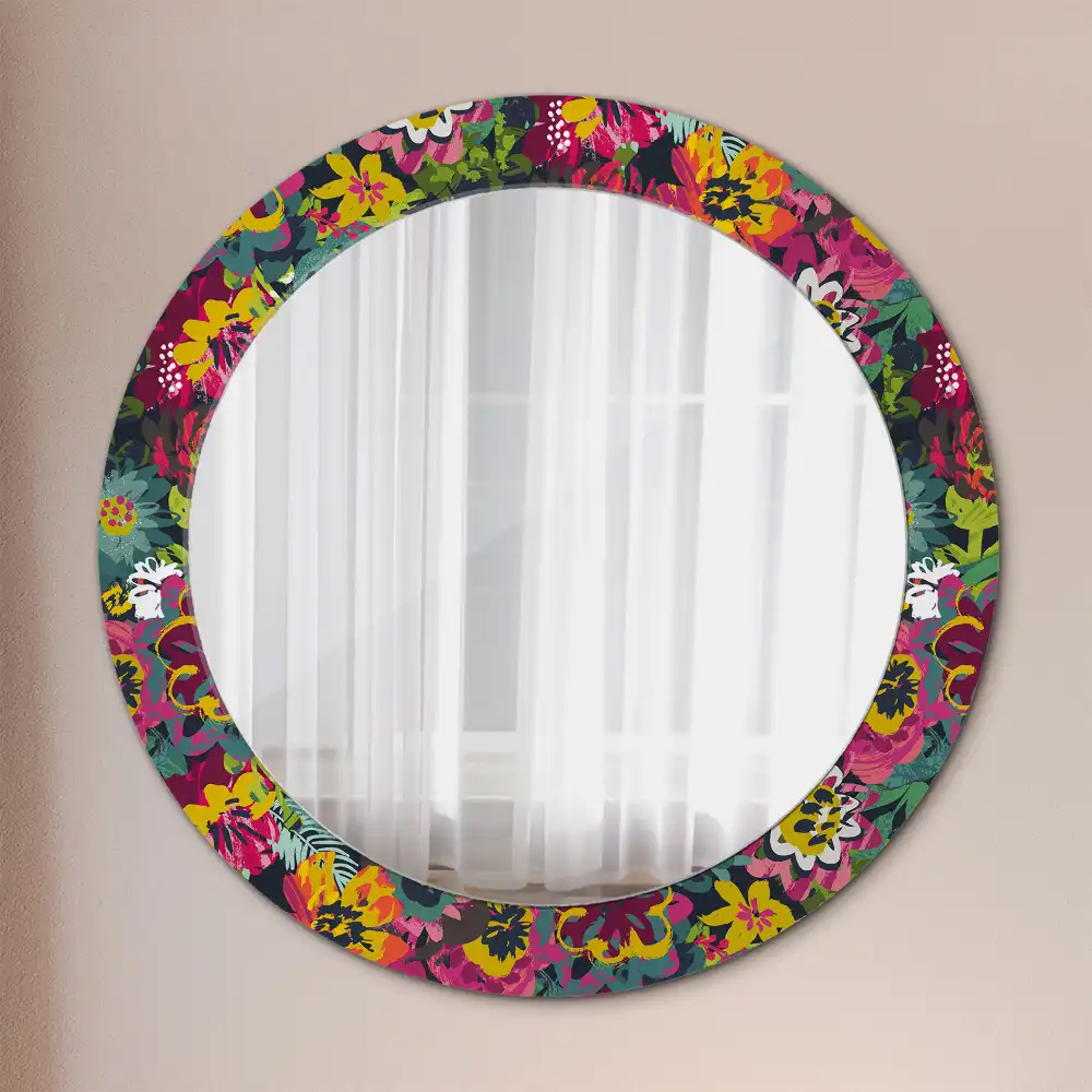 Miroir rond cadre avec impression fleurs peintes