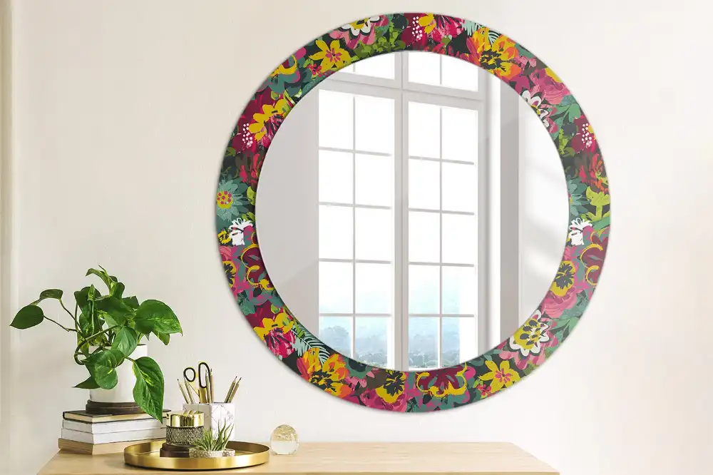 Miroir rond cadre avec impression fleurs peintes