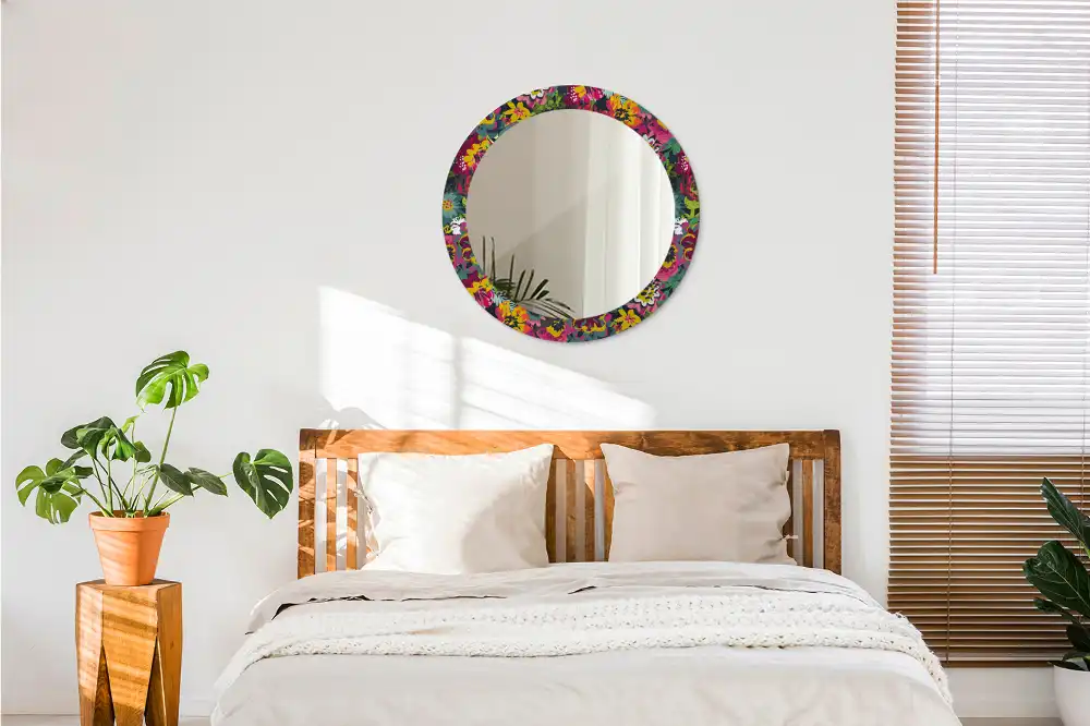 Miroir rond cadre avec impression fleurs peintes