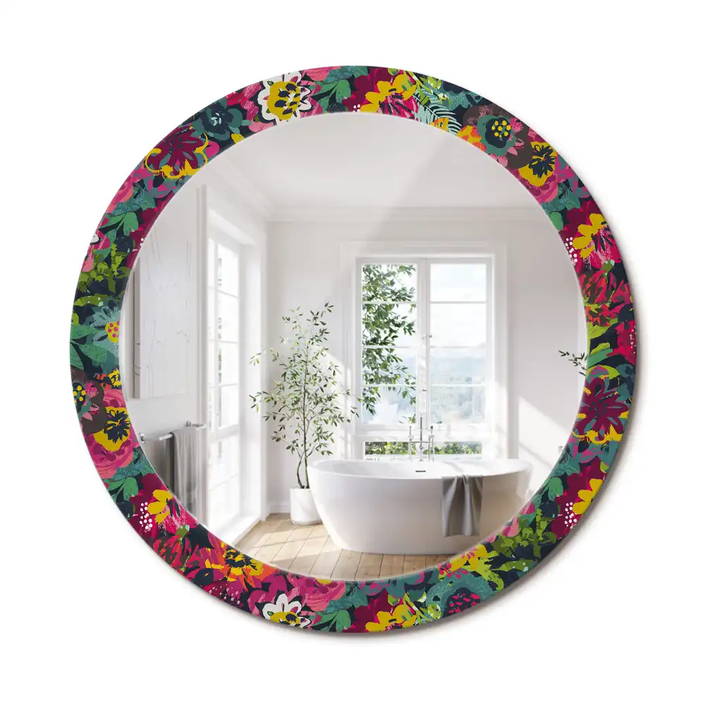 Miroir rond cadre avec impression fleurs peintes