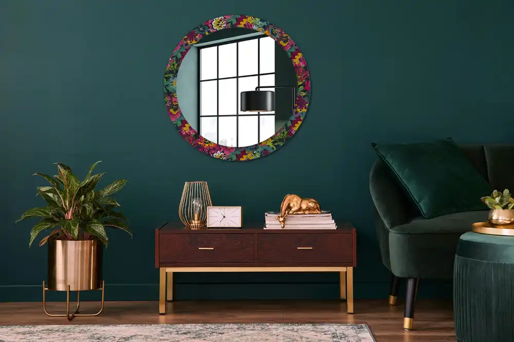 Miroir rond cadre avec impression fleurs peintes