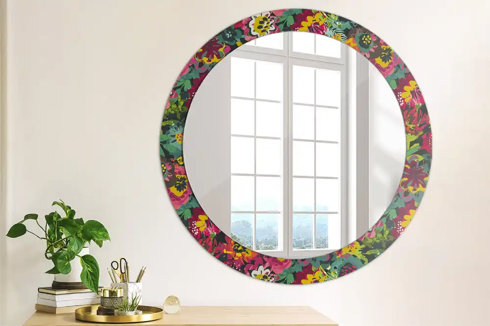 Miroir rond cadre avec impression fleurs peintes