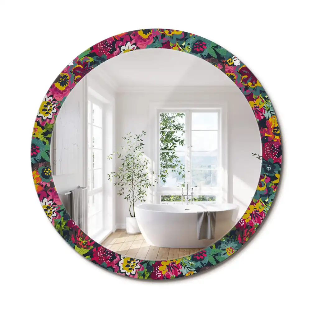 Miroir rond cadre avec impression fleurs peintes