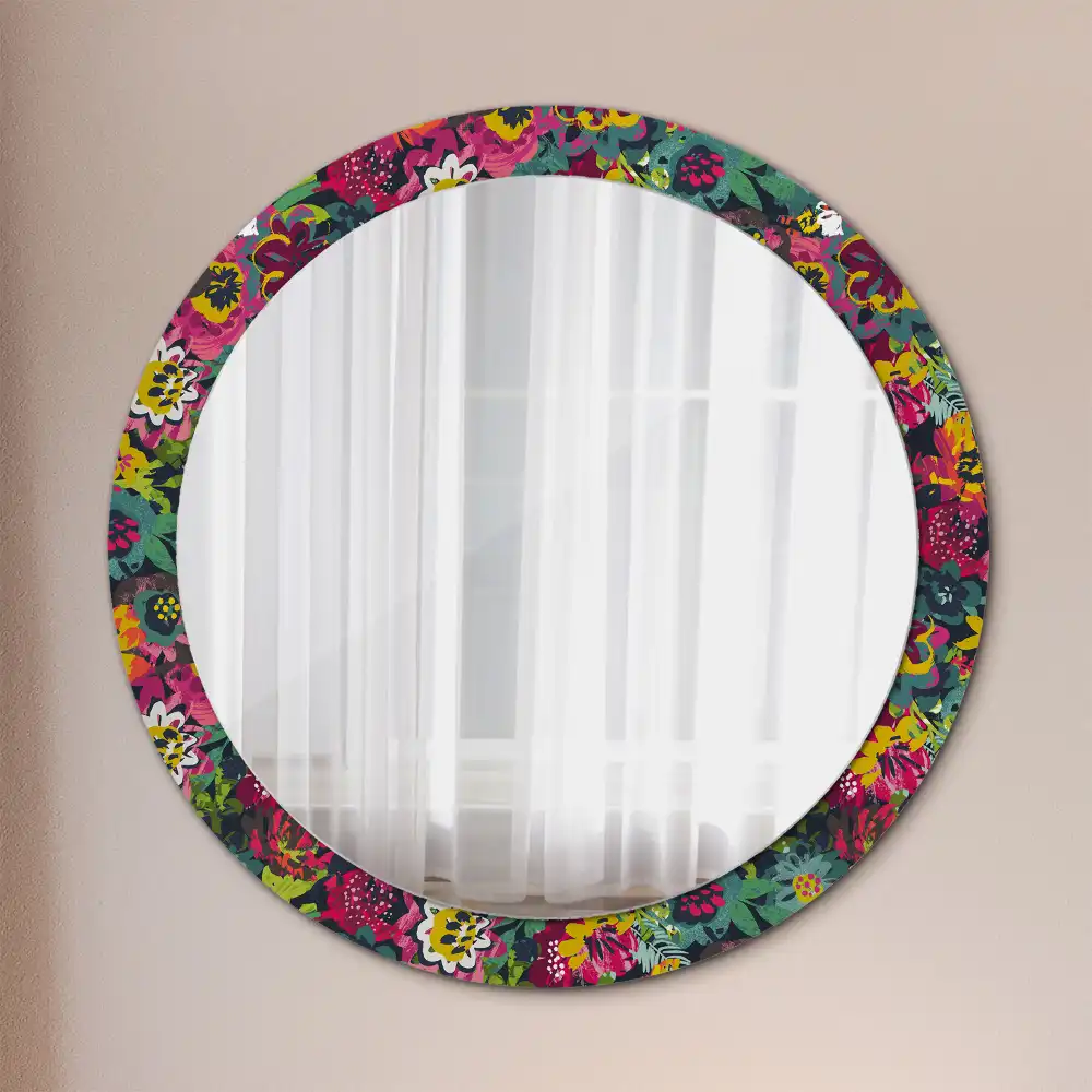 Miroir rond cadre avec impression fleurs peintes