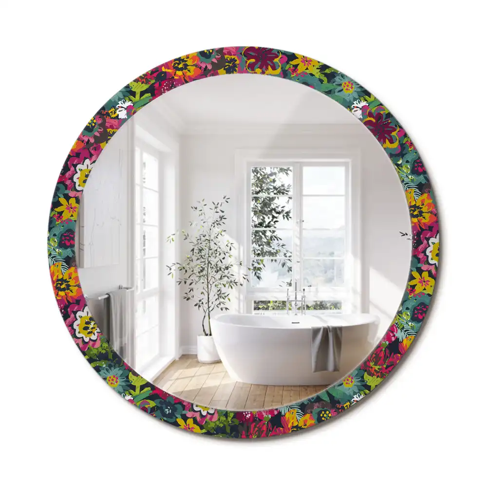 Miroir rond cadre avec impression fleurs peintes