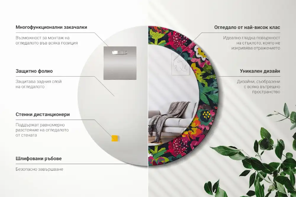Miroir rond cadre avec impression fleurs peintes