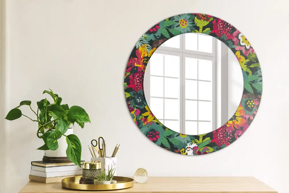 Miroir rond cadre avec impression fleurs peintes