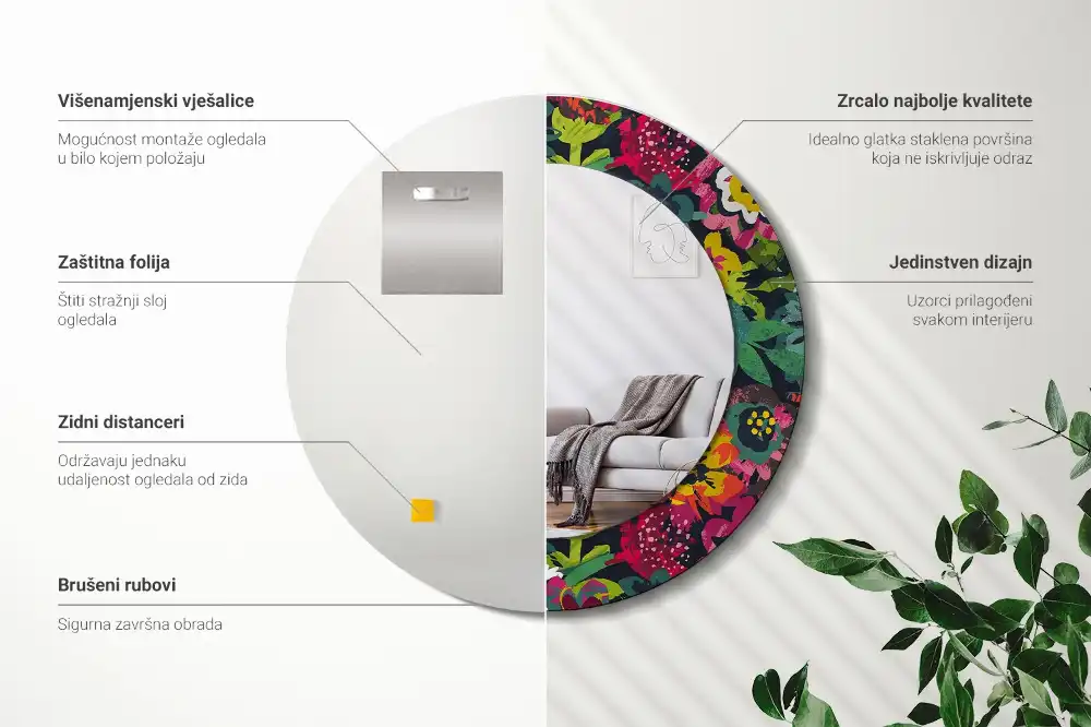 Miroir rond cadre avec impression fleurs peintes
