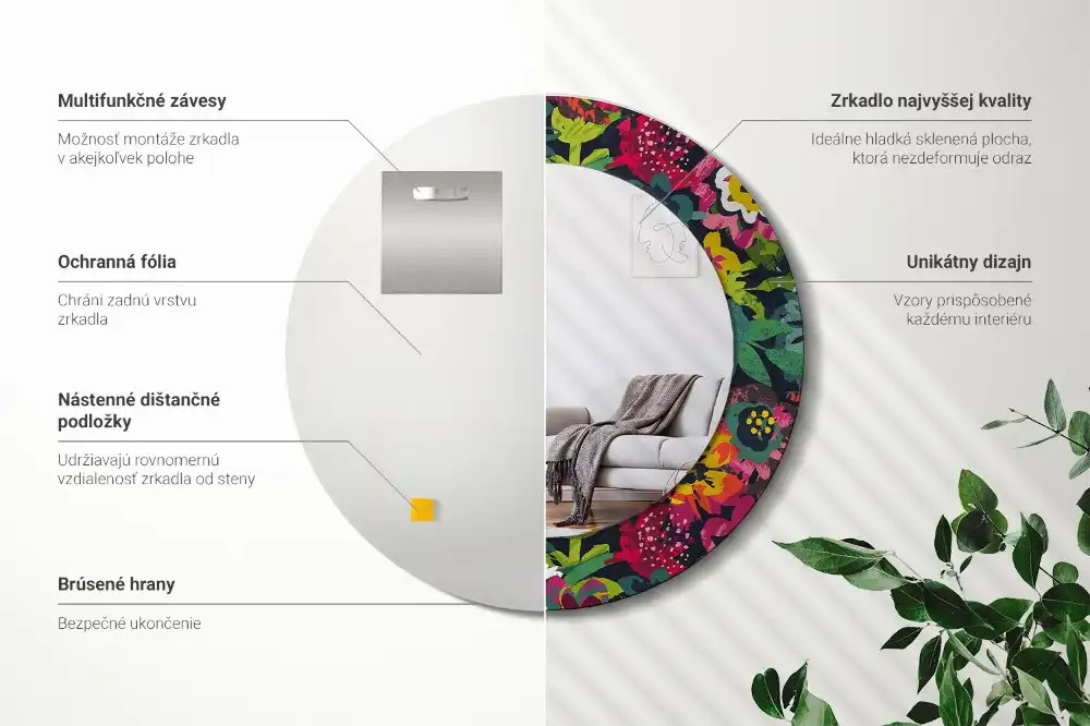 Miroir rond cadre avec impression fleurs peintes