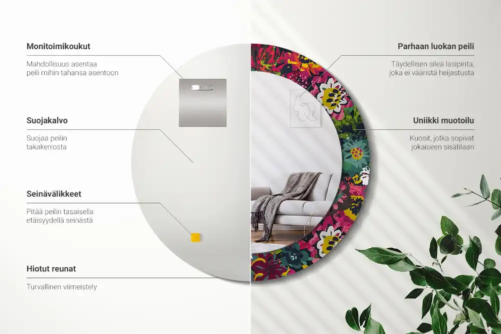 Miroir rond cadre avec impression fleurs peintes
