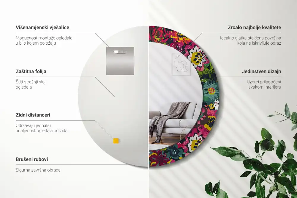 Miroir rond cadre avec impression fleurs peintes