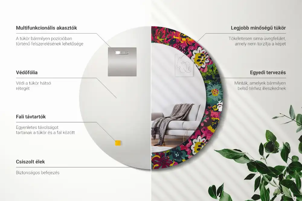 Miroir rond cadre avec impression fleurs peintes