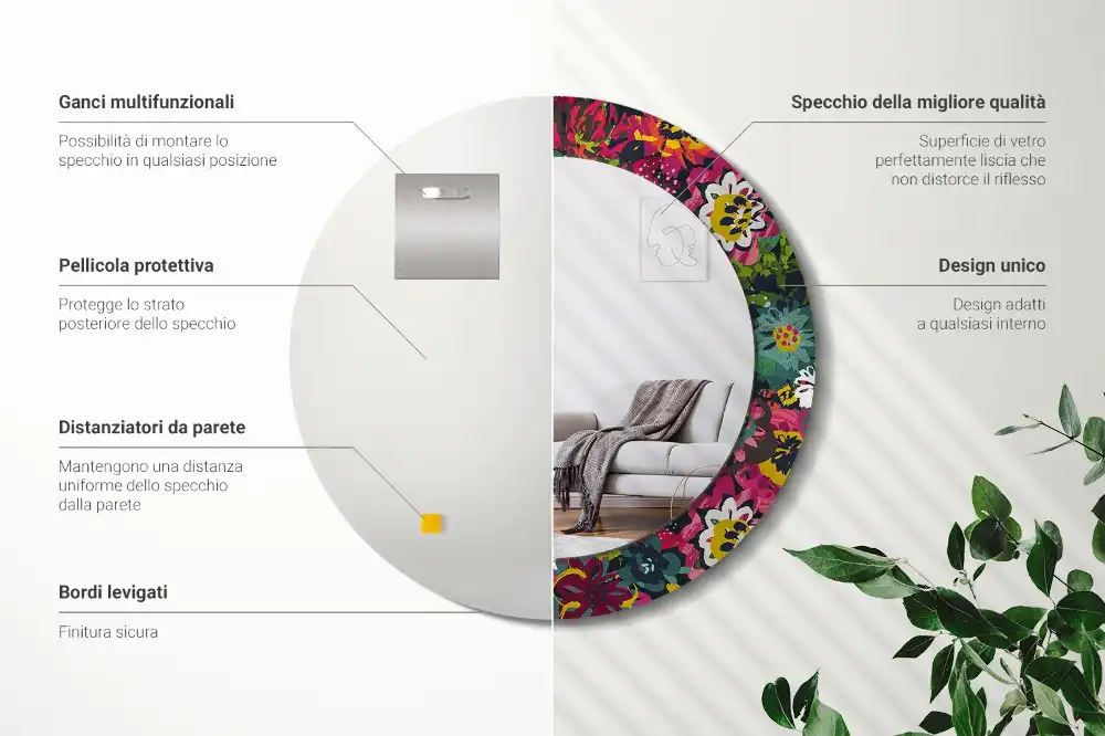 Miroir rond cadre avec impression fleurs peintes