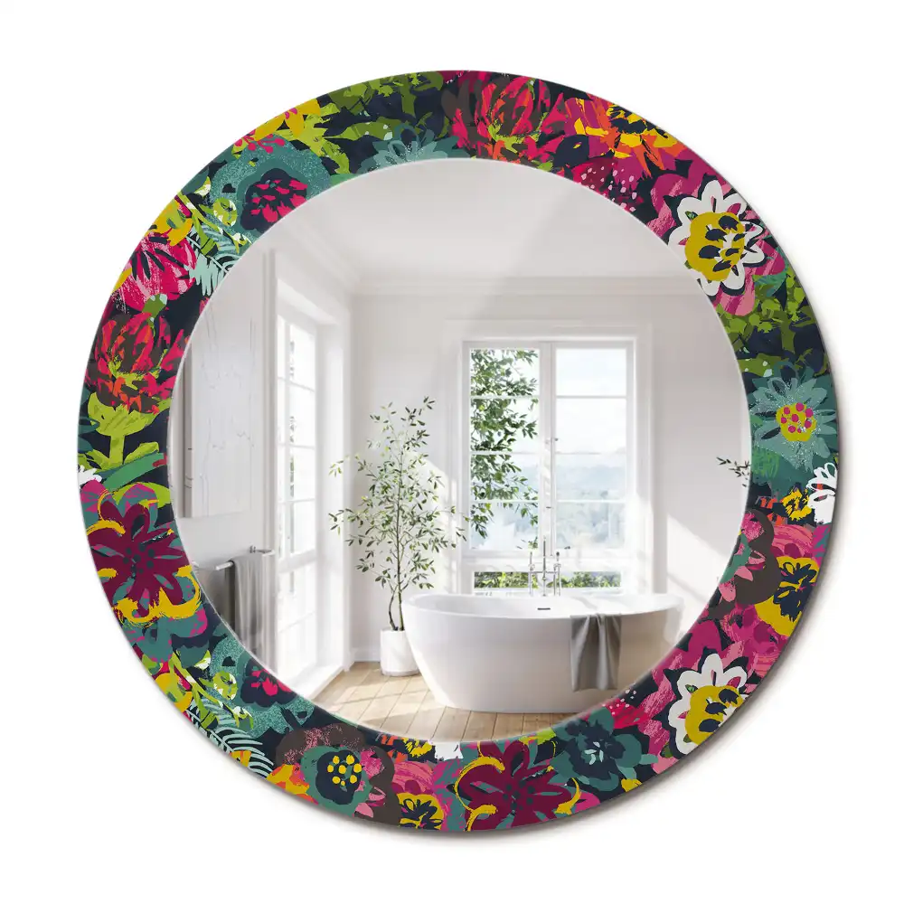 Miroir rond cadre avec impression fleurs peintes
