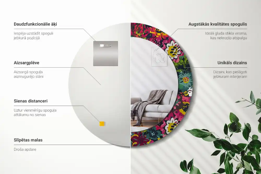 Miroir rond cadre avec impression fleurs peintes